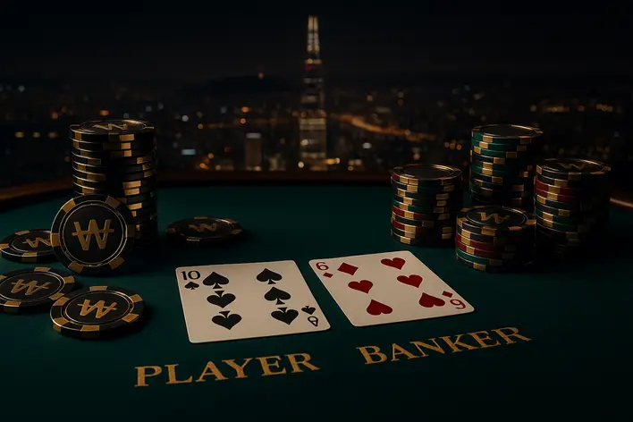 A luxurious baccarat table with playing cards and casino chips featuring the Korean Won (₩) symbol, set against a sophisticated, dark backdrop of the Seoul skyline at night, representing the premium UFA Korea 999 experience.