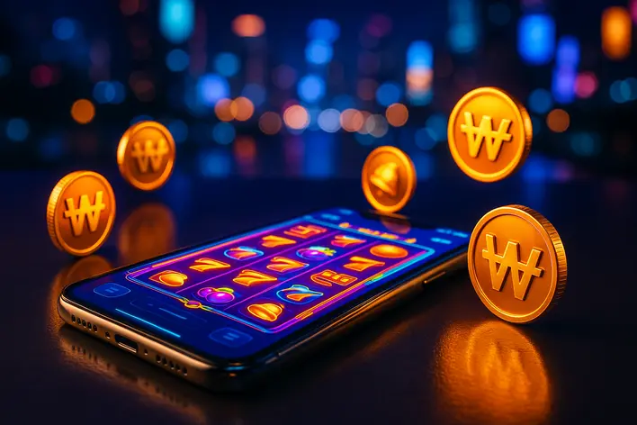 A smartphone showing a vibrant online slot game, surrounded by glowing South Korean Won coins, set against a neon-lit Seoul cityscape, representing 'สล็อตเงินวอน' for Thais in Korea.