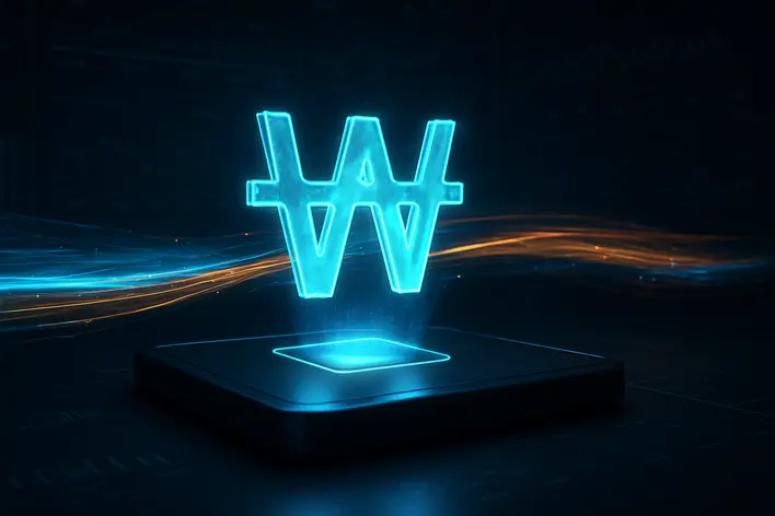 A high-tech 3D render of a glowing Korean Won symbol on a digital interface, representing the fast and secure auto-deposit system for online baccarat in Korea.