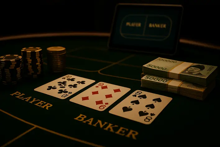 A luxurious online Baccarat table featuring dealt cards, casino chips, and stacks of Korean Won banknotes, representing playing Baccarat online in Korea.