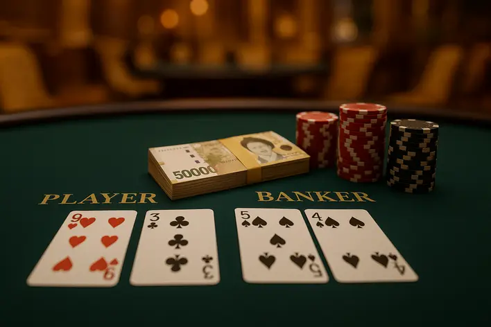 A luxurious Baccarat table setup with playing cards, casino chips, and a stack of Korean Won banknotes, representing playing online Baccarat in Korea.