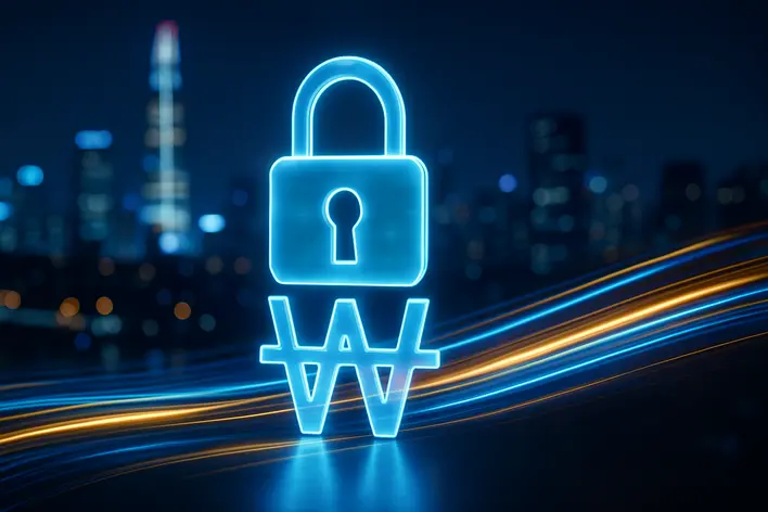 A futuristic image symbolizing UFA Korea 999 as a trustworthy platform, with a glowing lock and Won symbol against a Seoul skyline, representing fast and secure auto transactions in Korea.