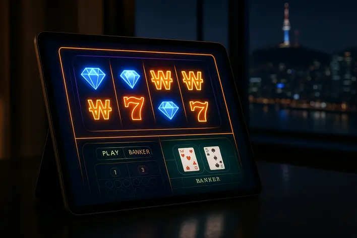 A modern tablet displaying the UFA Korea 999 online casino interface for slots and baccarat, set against a blurred background of a Korean city at night, representing a premium gaming experience for Thais in Korea.