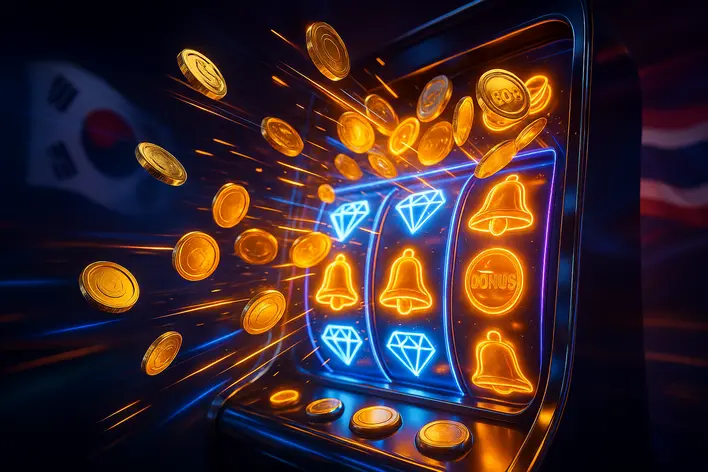 A futuristic online slot machine glowing with neon lights and gold coins, symbolizing exciting bonuses and promotions for Thai players in South Korea.