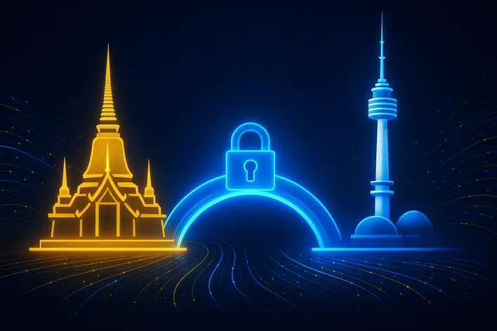 A high-tech digital bridge connecting Thai and South Korean landmarks, symbolizing UFA Korea 999 as a secure platform for Thais in Korea.