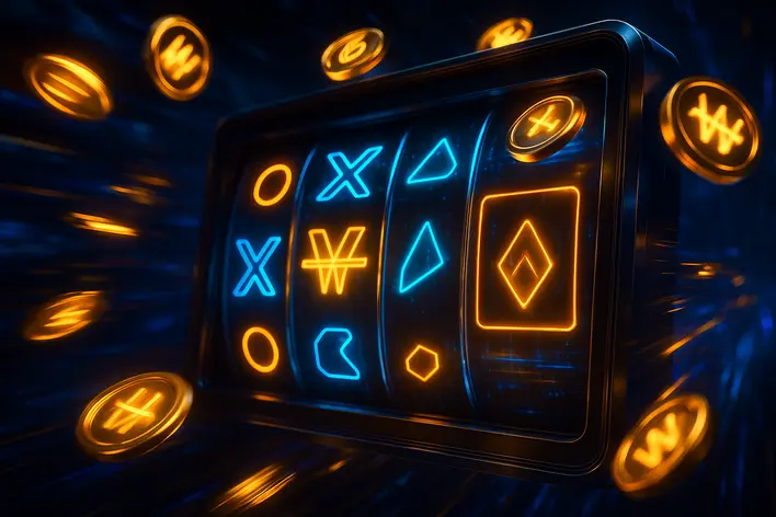 A futuristic digital slot machine interface with glowing Korean Won symbols, representing the fast and modern experience of playing slots with Korean currency at UFA Korea 999.
