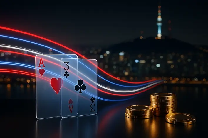 A luxurious and modern depiction of online baccarat with glowing cards and chips set against a blurred Seoul skyline, representing the UFA Korea 999 platform for Thais in Korea.