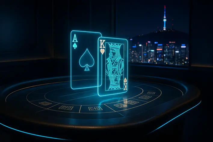 A sophisticated digital baccarat table with holographic cards, set against a modern Seoul skyline, representing the trustworthy and professional UFA Korea 999 online platform.