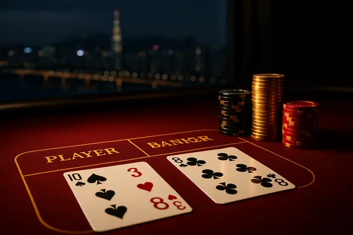 An elegant Baccarat table with playing cards showing a near-win, casino chips, and a luxurious, modern background, representing how to play Baccarat in Korea.
