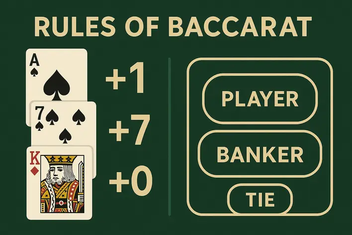 To visually explain the basic rules of Baccarat, specifically the card values and the core betting options (Player, Banker, Tie) for beginners.