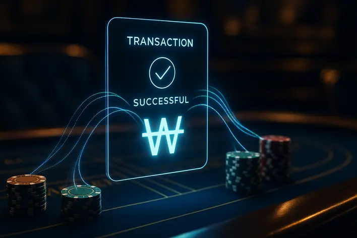 A sophisticated image showing a baccarat table with a futuristic digital interface in the foreground, symbolizing a fast and secure deposit in Korean Won for online casino gaming.