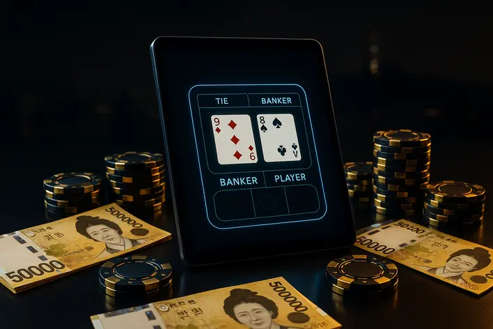 A luxurious and modern image of an online baccarat game on a tablet, surrounded by glowing South Korean Won banknotes and casino chips, representing UFA Korea 999.