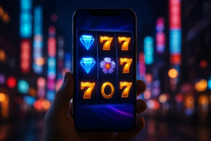 A smartphone displaying a vibrant online slot game, set against the backdrop of a modern Korean city at night, illustrating the 2025 guide to Korean slots for Thais.