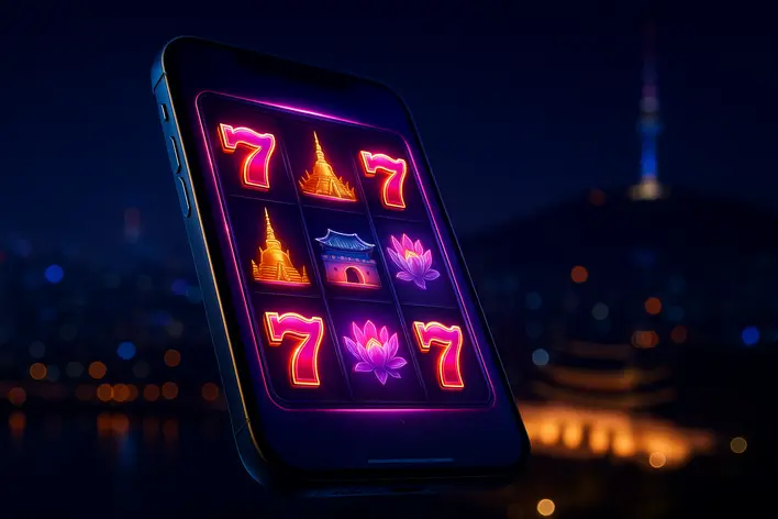 A modern smartphone displaying a glowing online slot game, set against a beautiful night view of the Seoul, South Korea skyline, representing the best Korean slot websites for Thai players.