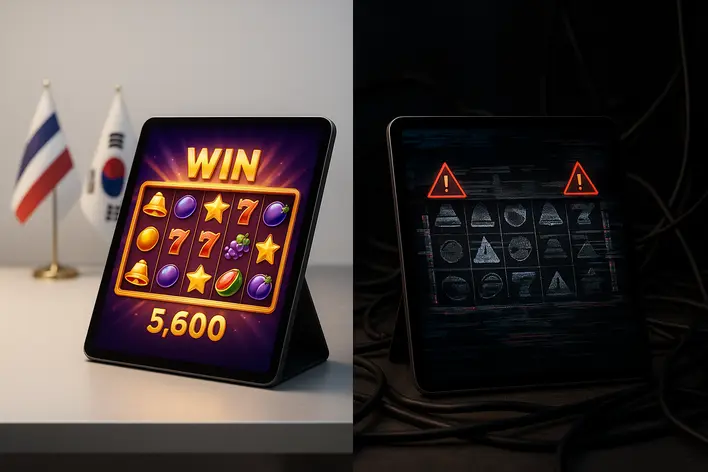 A split image comparing two online slot experiences. One side is clean and professional with Thai and Korean flags, representing a secure 'เว็บตรง'. The other side is glitchy and chaotic, showing the problems of playing without support.