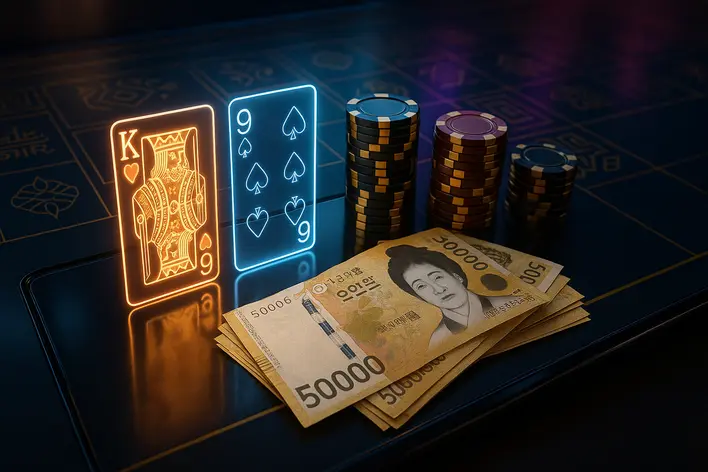 A sophisticated digital display of an online Baccarat game, featuring glowing playing cards, casino chips, and South Korean Won banknotes, representing a guide for Thais playing Baccarat in Korea.