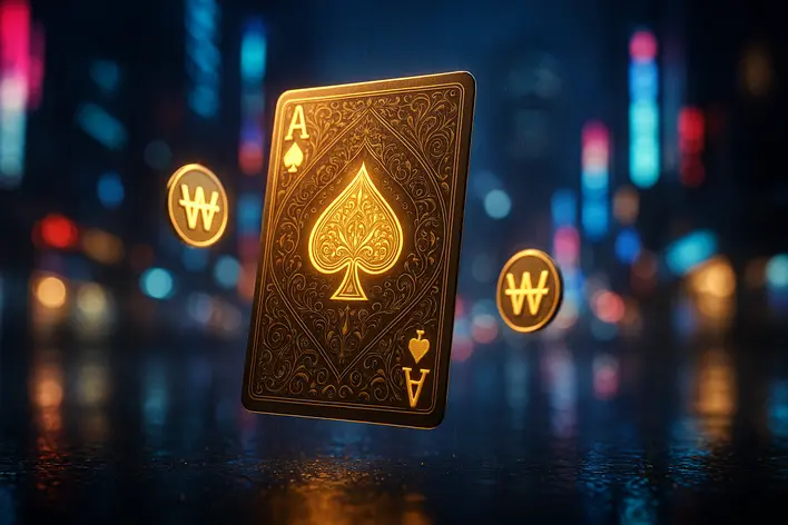 A premium baccarat playing card with Thai patterns, surrounded by glowing Korean Won symbols, set against a futuristic Seoul cityscape at night, representing UFA Korea 999 for Thai players.