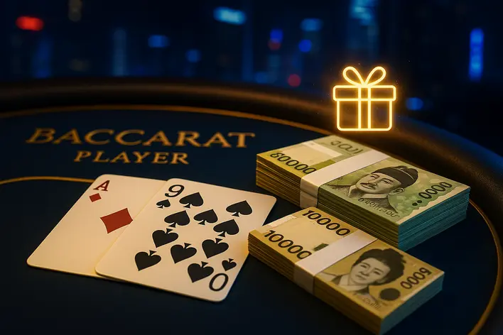 A luxurious baccarat table featuring playing cards and stacks of Korean Won banknotes, symbolizing exclusive casino promotions and bonuses for Thai players in Korea.