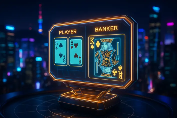 A sophisticated holographic interface showing a game of Baccarat, set against the glowing neon backdrop of the Seoul, South Korea skyline at night, representing a modern guide to online Baccarat for Thais.