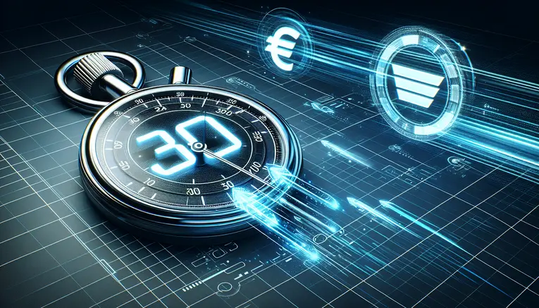 A futuristic 3D image of a digital stopwatch showing 30 seconds, symbolizing the fast automated Korean Won deposit system for online betting.