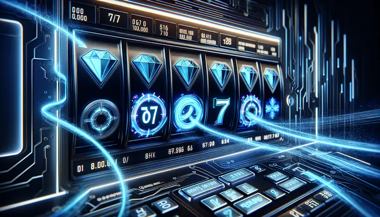 A futuristic digital slot machine with glowing blue neon symbols, including the Korean Won (₩) currency sign, representing high-payout online slots in South Korea.