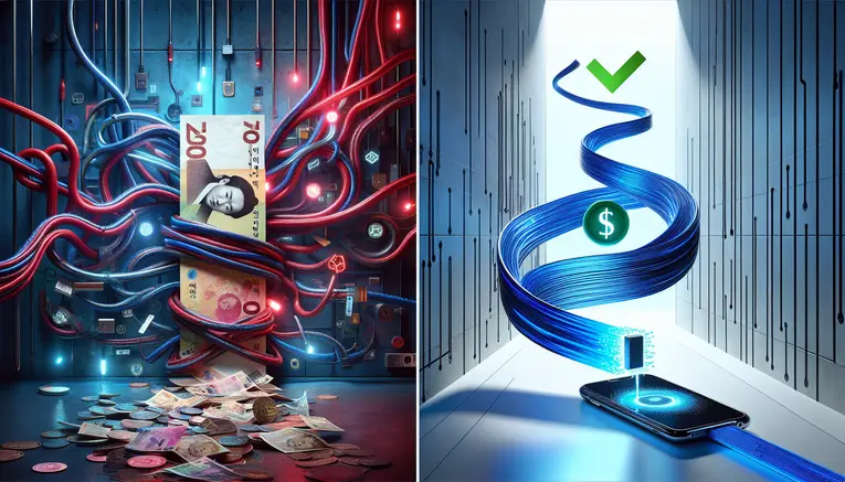 A conceptual image contrasting the problem and solution of depositing Korean Won. The left shows a tangled, failed transaction, while the right shows a smooth, secure, and fast digital transfer.