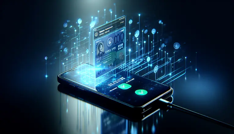 A modern smartphone showing a successful deposit in Korean Won for an online casino, set against a futuristic blue background with digital currency elements, symbolizing secure transactions.