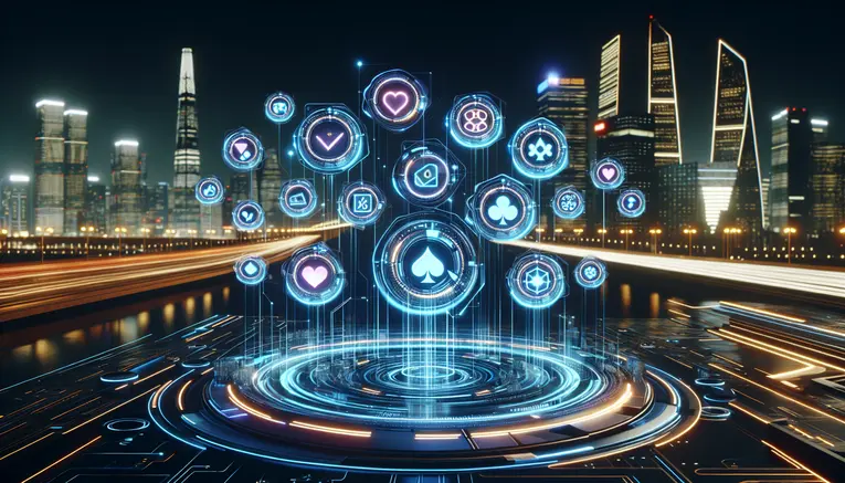 A futuristic 3D render of a holographic online casino interface with glowing blue and gold icons, set against a dark background representing the UFAKOREA platform for Thais in Korea.