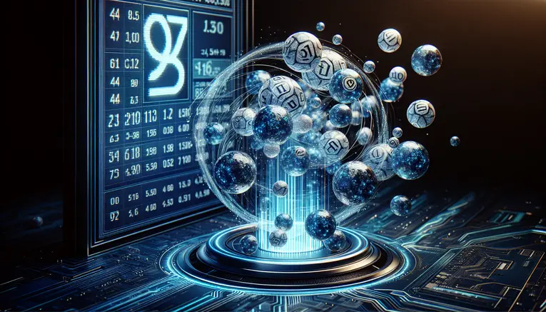 An abstract digital illustration of glowing blue Korean lottery balls and Korean Won currency symbols, representing the exciting payout rates for Korean lottery on UFA Korea 999.
