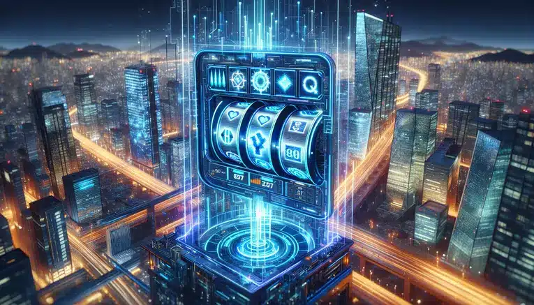 A futuristic 3D render of a digital slot machine interface featuring a glowing Korean Won symbol, set against a blurred neon-lit Seoul cityscape, representing the concept of 'Korean Slots'.