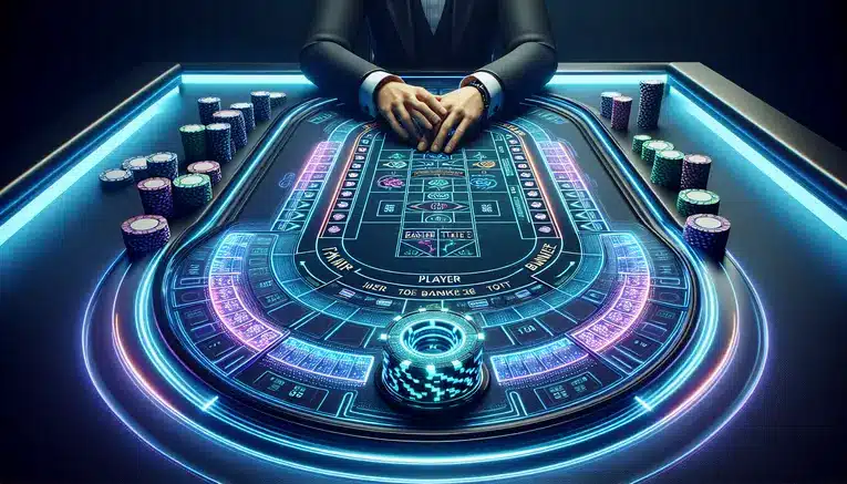 To illustrate the user interface of an online Baccarat game, showing the main betting areas to help new players understand where to place their wagers.