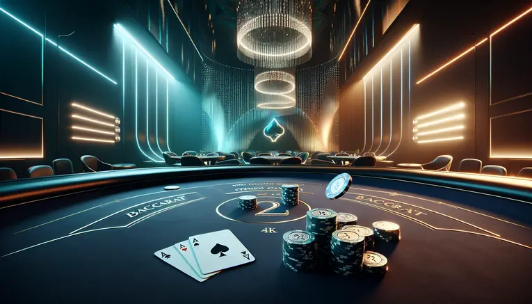 A sophisticated 3D render of a Korean Baccarat game, showing glowing playing cards and casino chips on a dark blue table, representing a guide for beginners.