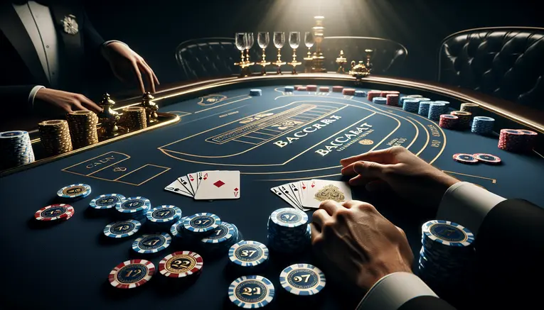 A luxurious Baccarat table with playing cards laid out for the Player and Banker hands, with casino chips nearby, set against a dark blue felt background.