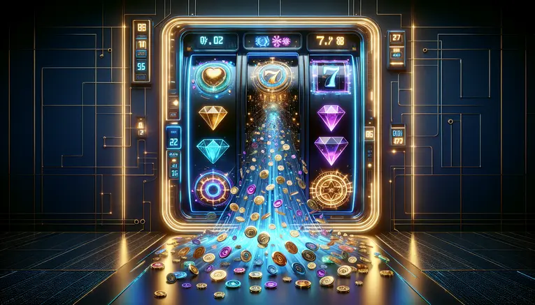 An exciting digital slot machine interface with glowing blue neon symbols and cascading gold coins, representing the latest promotions at UFAKOREA999.