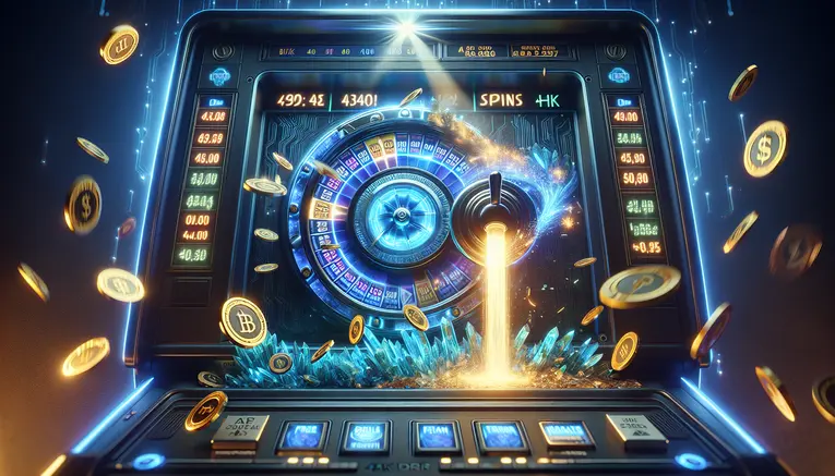 A futuristic blue slot machine reel dramatically landing on a glowing 'FREE SPINS' symbol, with gold coins bursting out, symbolizing the excitement of winning free spins.
