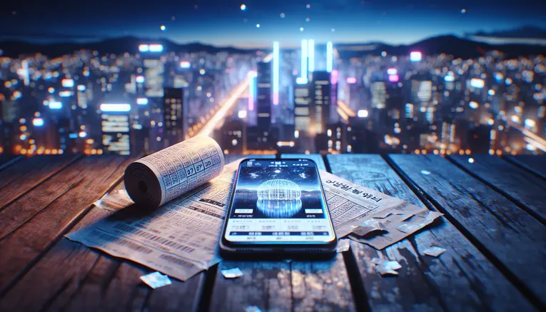 A high-contrast image showing a physical Korean lottery ticket on one side and a smartphone with an online lottery platform on the other, set against a Seoul cityscape, representing the choice between traditional and online purchasing.