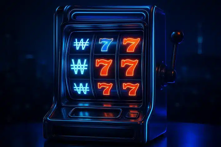A futuristic Korean online slot machine glowing with blue neon lights, featuring the Korean Won symbol, representing direct web slots for real money.