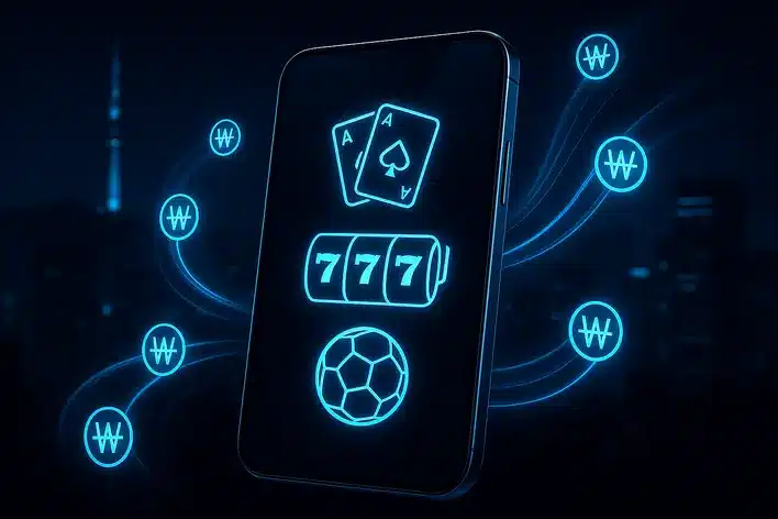 ภาพศิลปะดิจิทัลแสดงสมาร์ทโฟนพร้อมไอคอนเกมคาสิโนและฟุตบอล มีสัญลักษณ์เงินวอนเกาหลีล้อมรอบ สื่อถึงแพลตฟอร์ม UFAKOREA999 สำหรับคนไทยในเกาหลี