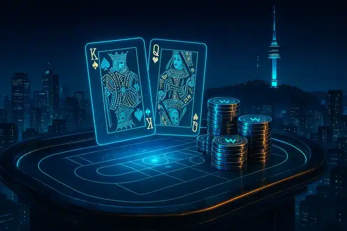 A luxurious digital illustration of an online baccarat game set against a neon Seoul skyline, featuring glowing cards and casino chips with the Korean Won symbol, representing UFA Korea 999.